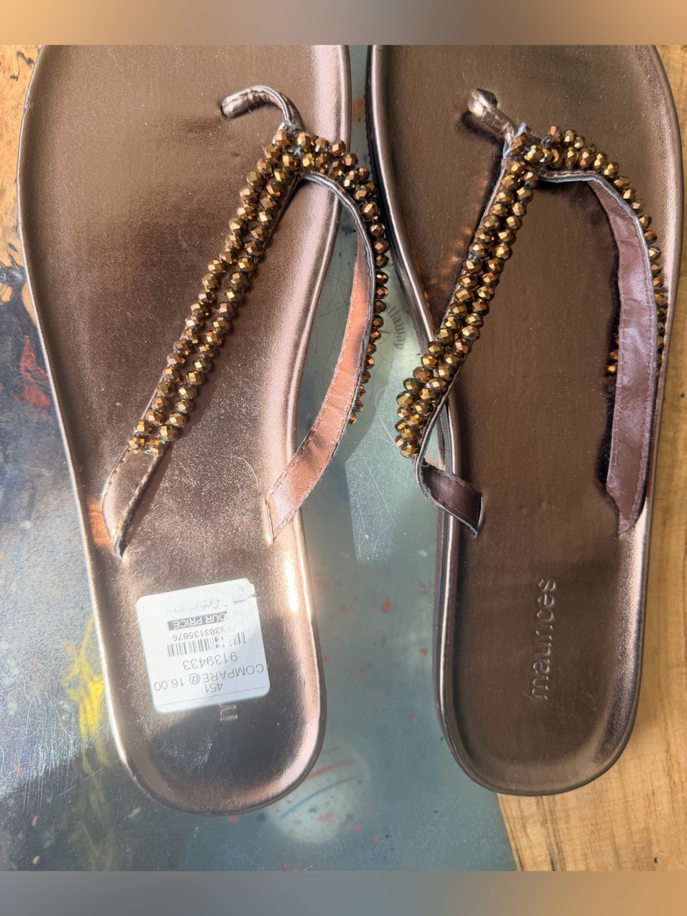 Maurices Bronze Beaded Thong Sandals Size 11 Metallic Flip Flop Rhinestone - Picture 2 of 6